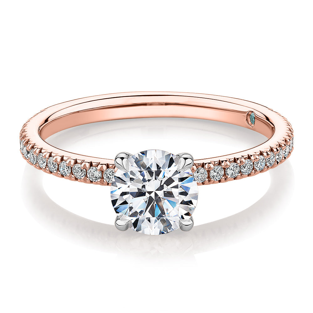 Premium Certified Lab-Grown Diamond, 1.24 carat TW round brilliant shouldered engagement ring in 14 carat rose and white gold