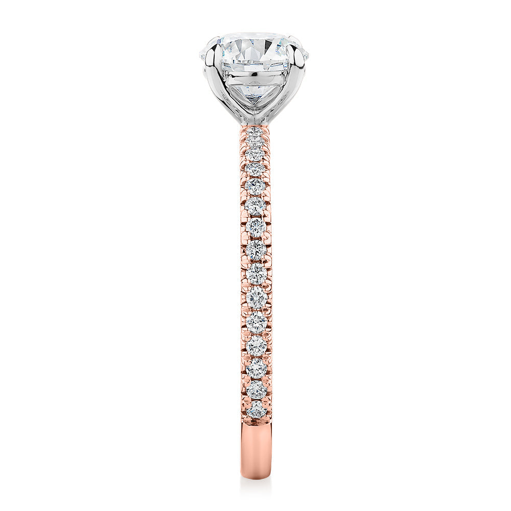 Premium Certified Lab-Grown Diamond, 1.24 carat TW round brilliant shouldered engagement ring in 14 carat rose and white gold