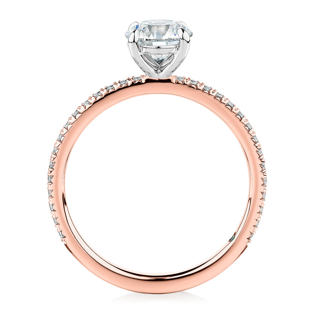 Premium Certified Lab-Grown Diamond, 1.24 carat TW round brilliant shouldered engagement ring in 14 carat rose and white gold