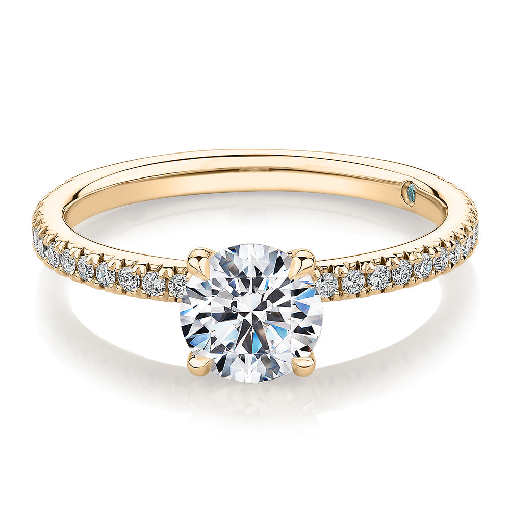 Premium Certified Lab-Grown Diamond, 1.24 carat TW round brilliant shouldered engagement ring in 14 carat yellow gold