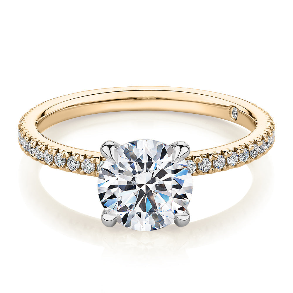 Signature Simulant Diamond 1.74 carat* TW round brilliant shouldered engagement ring in 10 carat yellow and white gold