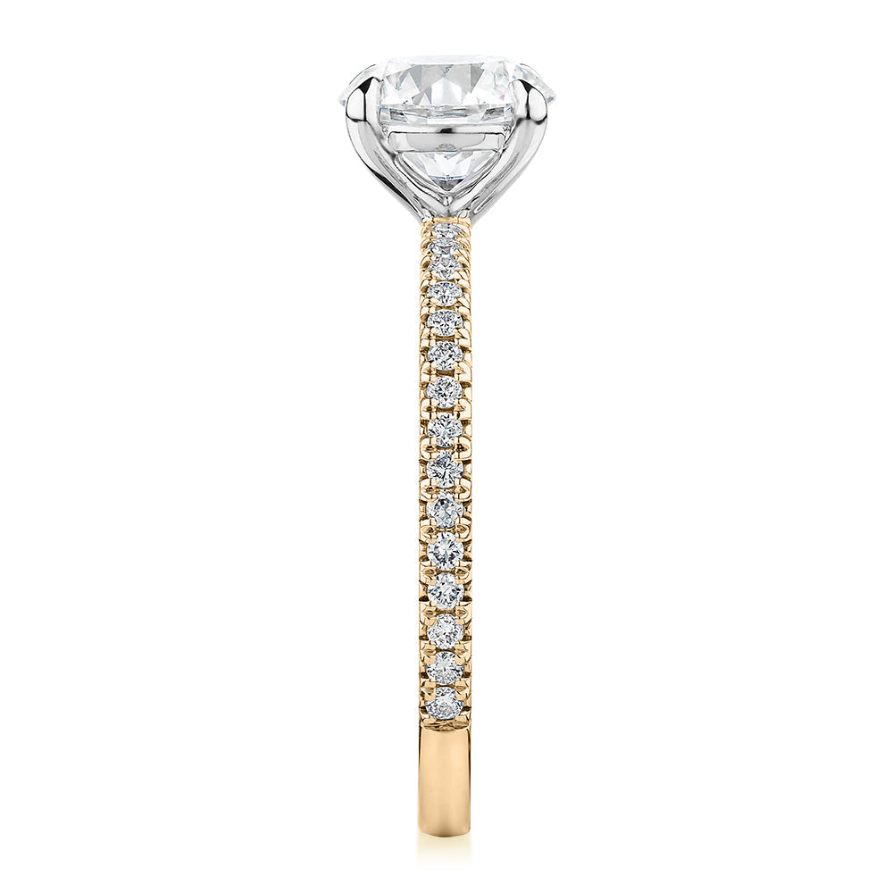 Signature Simulant Diamond 1.74 carat* TW round brilliant shouldered engagement ring in 10 carat yellow and white gold