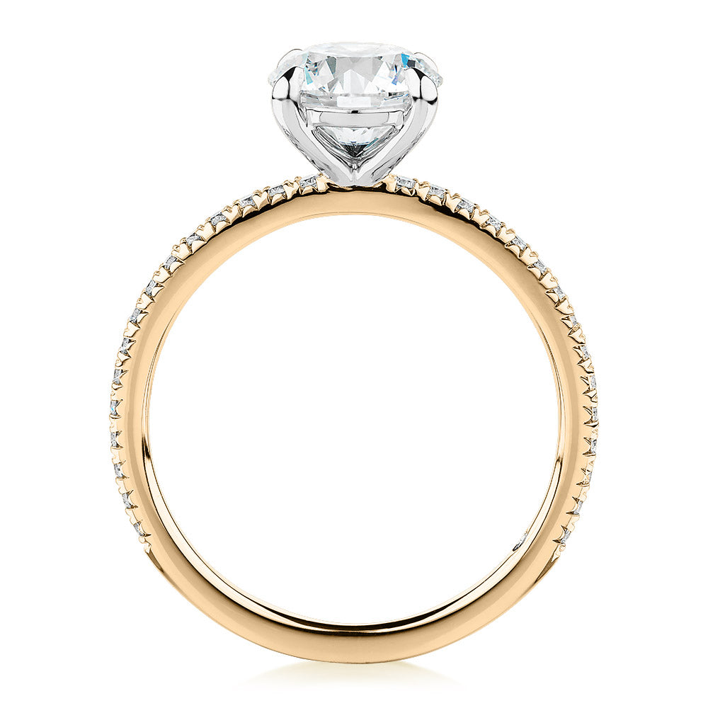 Signature Simulant Diamond 1.74 carat* TW round brilliant shouldered engagement ring in 10 carat yellow and white gold