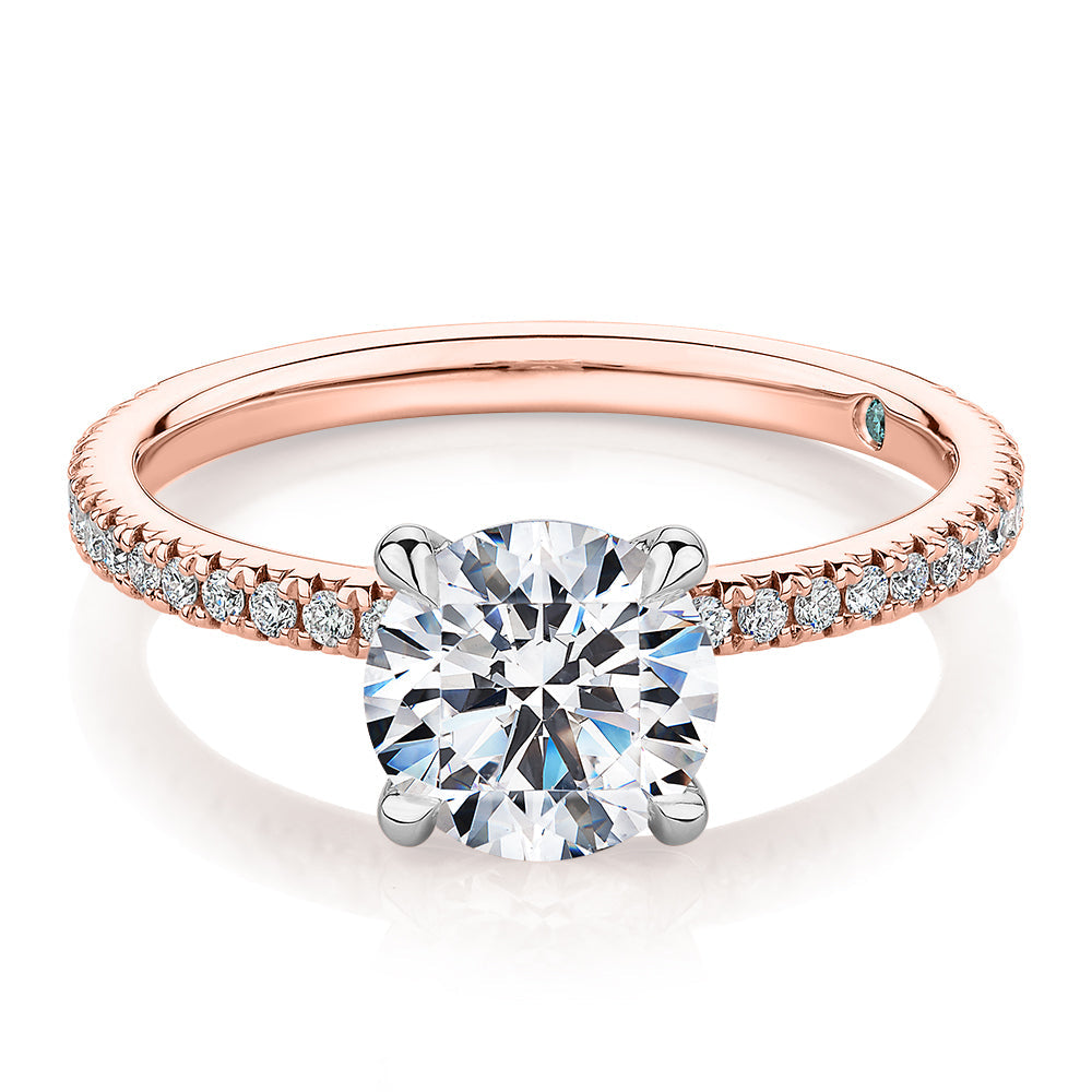 Premium Certified Lab-Grown Diamond, 1.74 carat TW round brilliant shouldered engagement ring in 14 carat rose and white gold