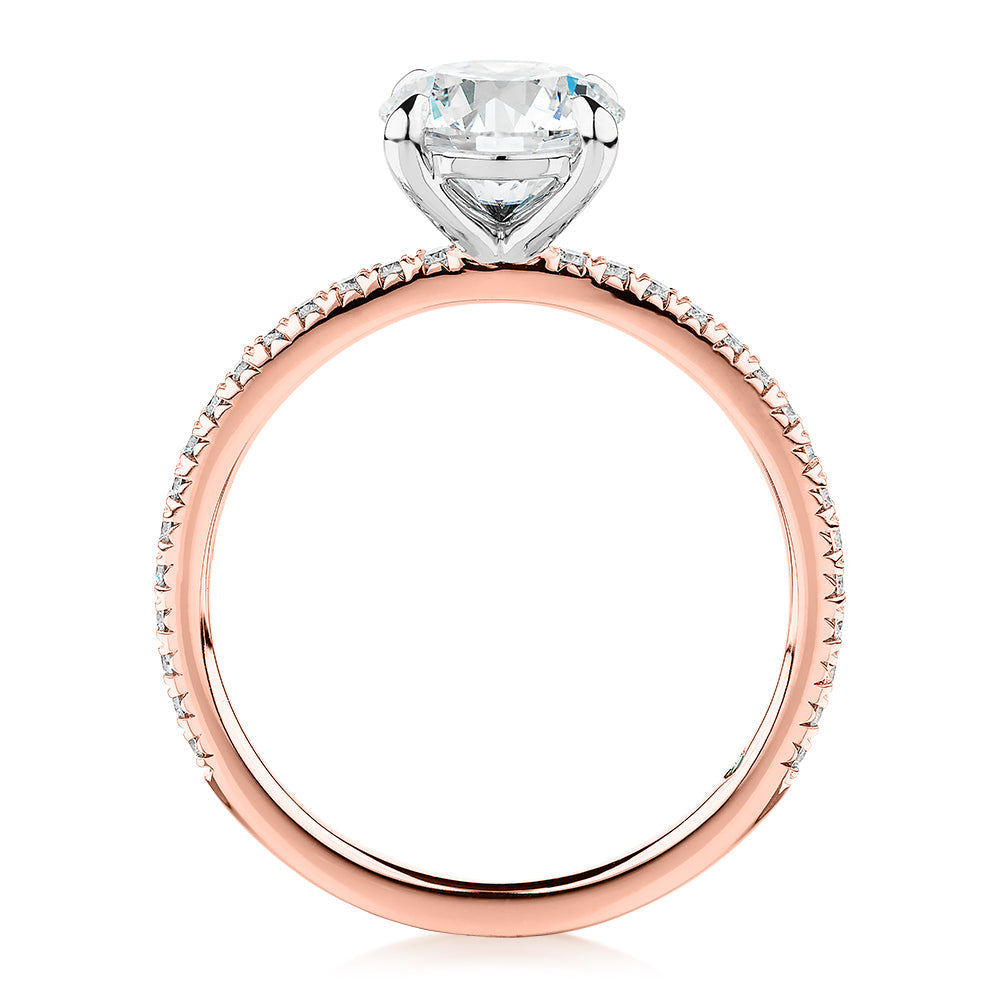 Premium Certified Lab-Grown Diamond, 1.74 carat TW round brilliant shouldered engagement ring in 14 carat rose and white gold