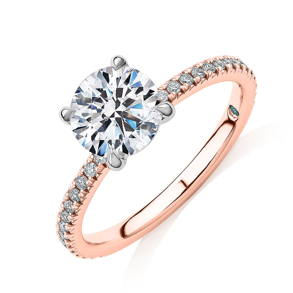 Premium Certified Lab-Grown Diamond, 1.74 carat TW round brilliant shouldered engagement ring in 14 carat rose and white gold