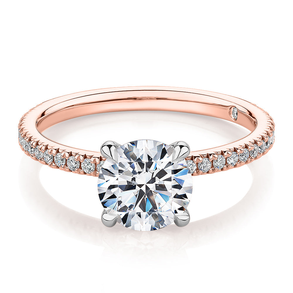 Signature Simulant Diamond 1.74 carat* TW round brilliant shouldered engagement ring in 10 carat rose and white gold