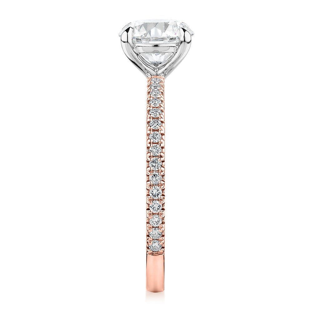 Signature Simulant Diamond 1.74 carat* TW round brilliant shouldered engagement ring in 10 carat rose and white gold