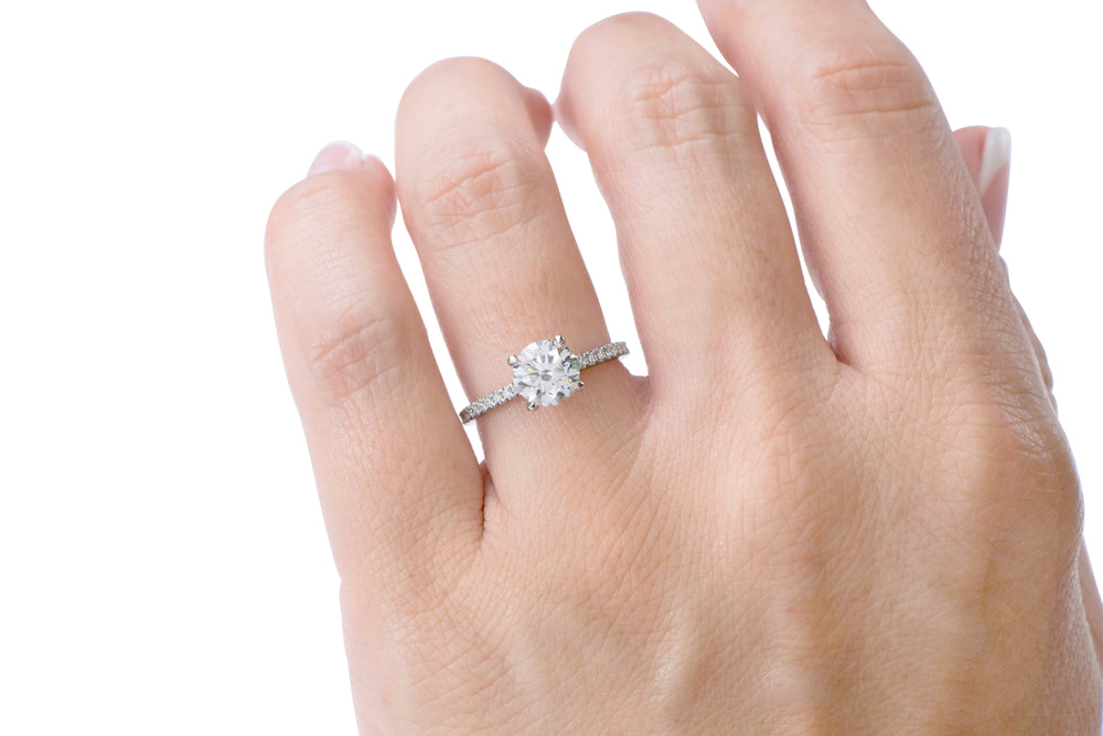 Signature Simulant Diamond 1.74 carat* TW round brilliant shouldered engagement ring in 10 carat white gold