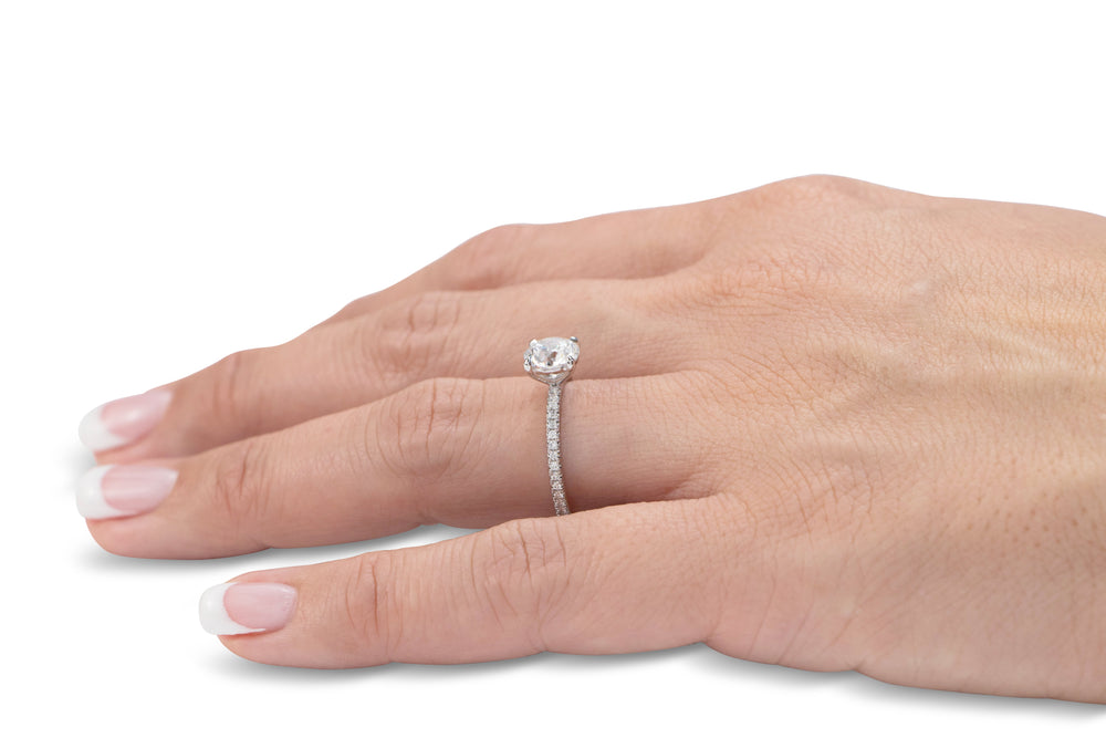 Signature Simulant Diamond 1.74 carat* TW round brilliant shouldered engagement ring in 10 carat white gold
