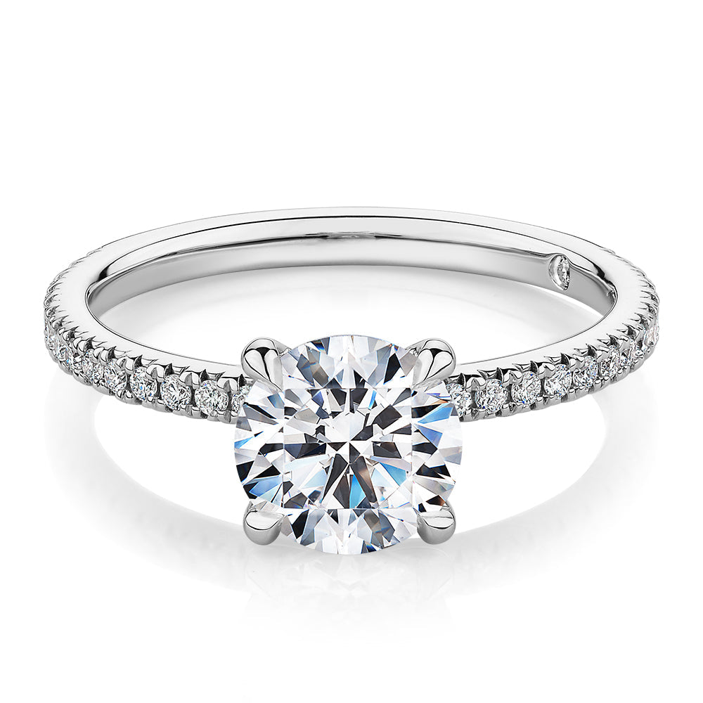 Signature Simulant Diamond 1.74 carat* TW round brilliant shouldered engagement ring in 10 carat white gold