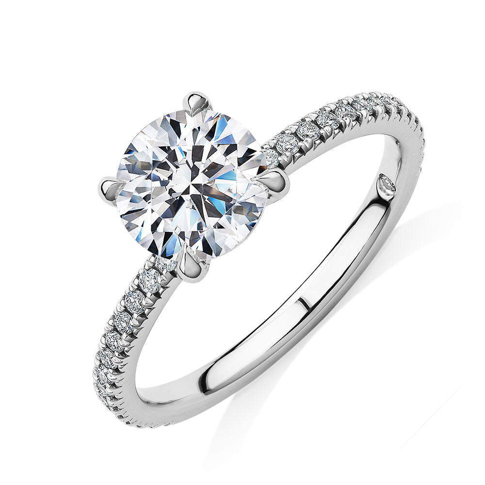 Signature Simulant Diamond 1.74 carat* TW round brilliant shouldered engagement ring in 10 carat white gold