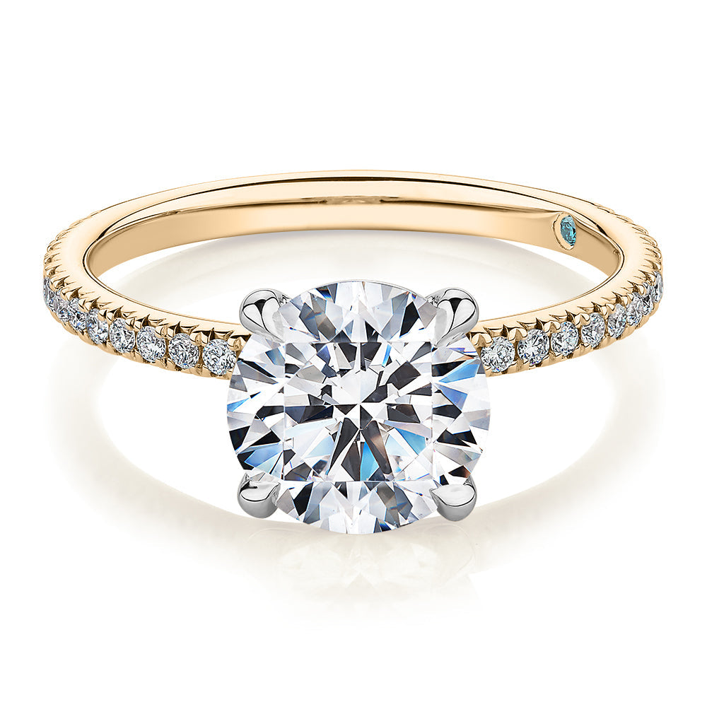 Premium Certified Laboratory Created Diamond, 2.24 carat TW round brilliant shouldered engagement ring in 18 carat yellow and white gold