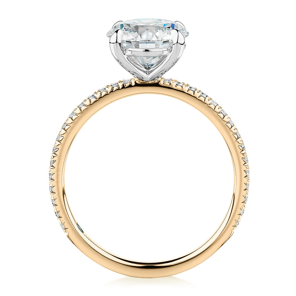 Premium Certified Laboratory Created Diamond, 2.24 carat TW round brilliant shouldered engagement ring in 18 carat yellow and white gold