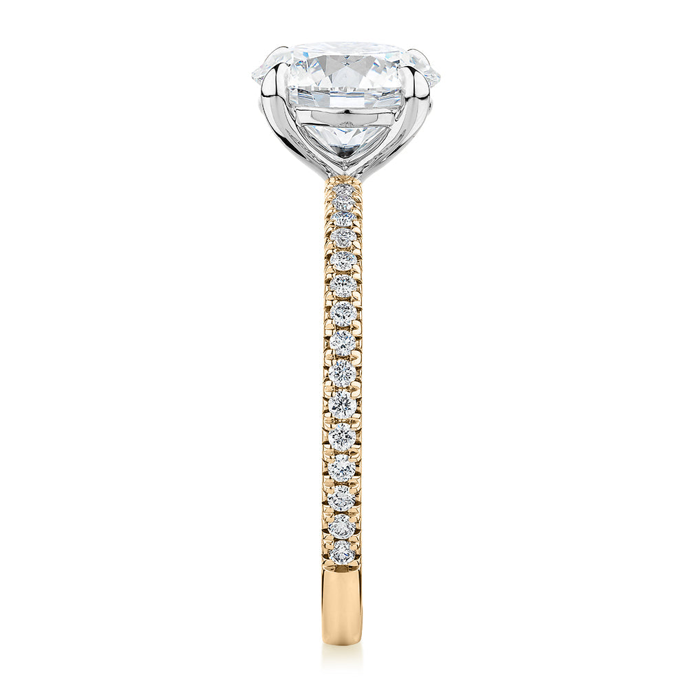 Signature Simulant Diamond 2.19 carat* TW round brilliant shouldered engagement ring in 10 carat yellow and white gold