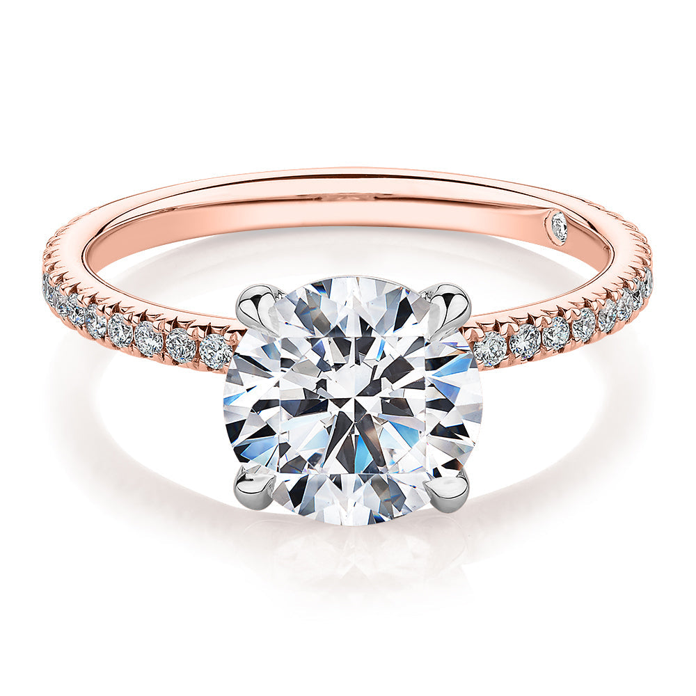 Signature Simulant Diamond 2.19 carat* TW round brilliant shouldered engagement ring in 10 carat rose and white gold