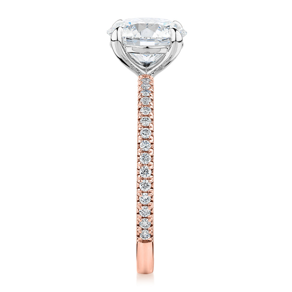 Signature Simulant Diamond 2.19 carat* TW round brilliant shouldered engagement ring in 10 carat rose and white gold