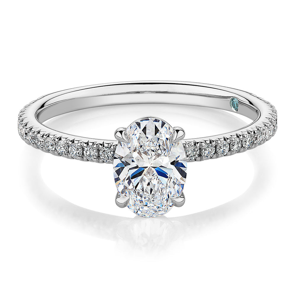 Premium Certified Lab-Grown Diamond, 1.24 carat TW oval and round brilliant shouldered engagement ring in 14 carat white gold