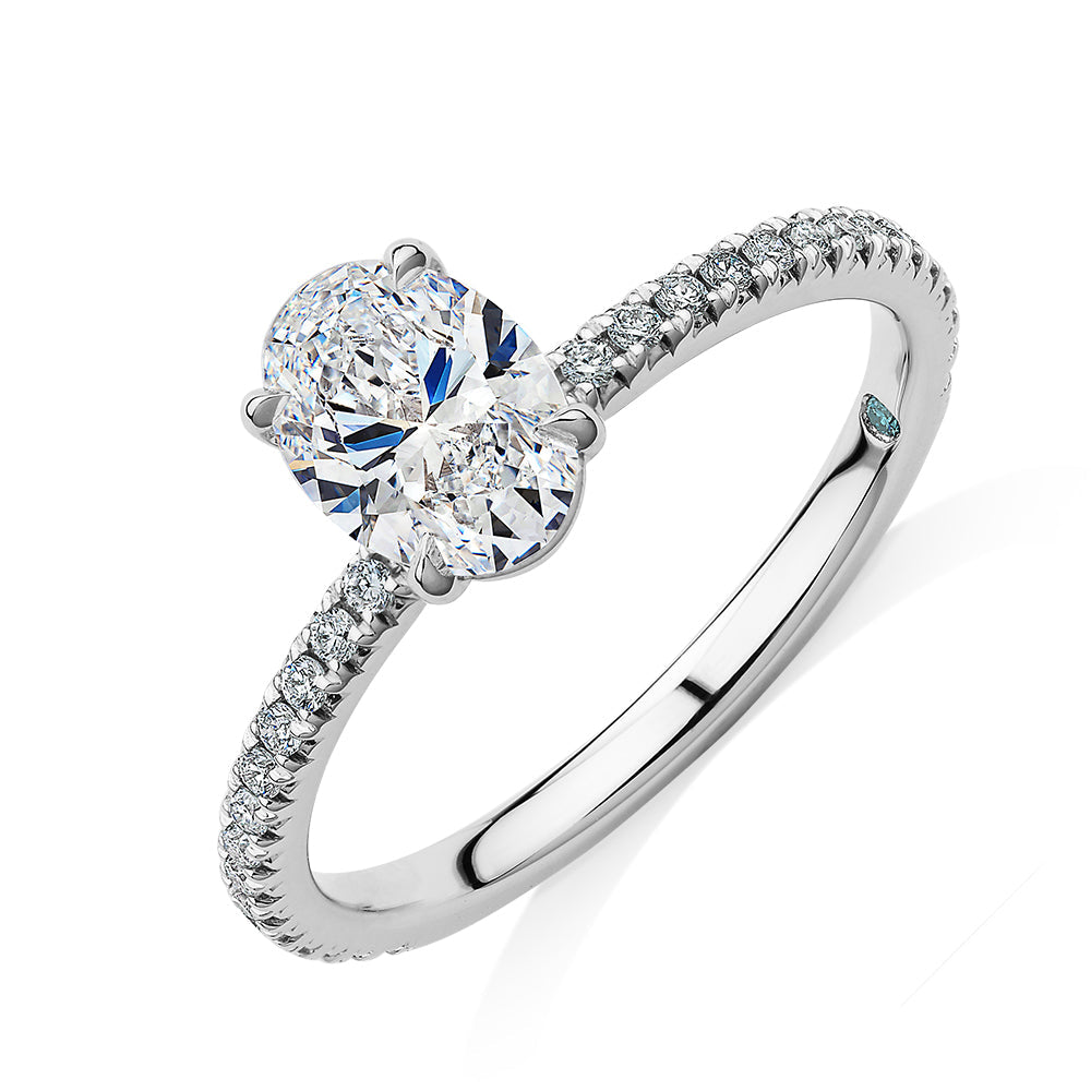 Premium Certified Lab-Grown Diamond, 1.24 carat TW oval and round brilliant shouldered engagement ring in 14 carat white gold