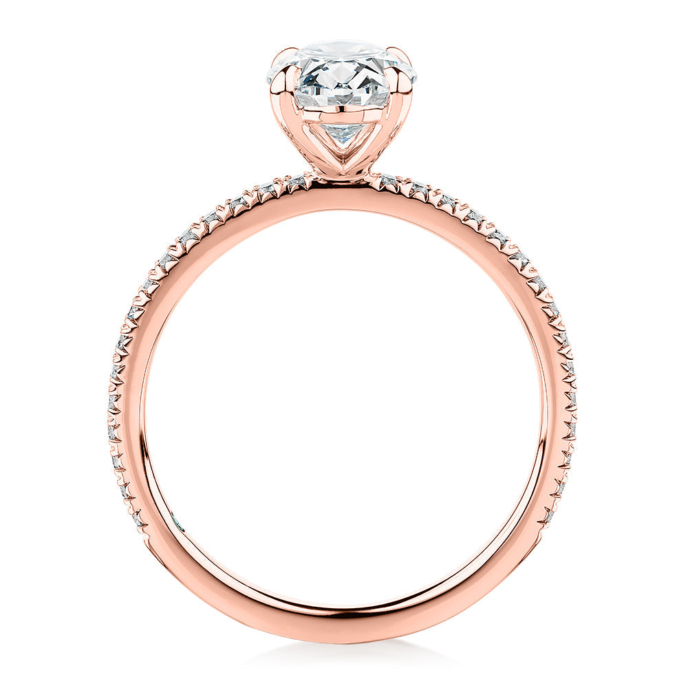 Premium Certified Laboratory Created Diamond, 1.74 carat TW oval and round brilliant shouldered engagement ring in 18 carat rose gold