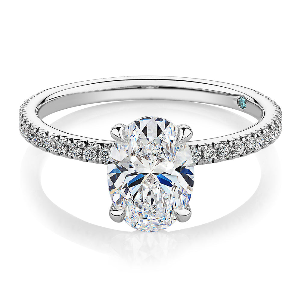 Premium Certified Lab-Grown Diamond, 1.74 carat TW oval and round brilliant shouldered engagement ring in 14 carat white gold