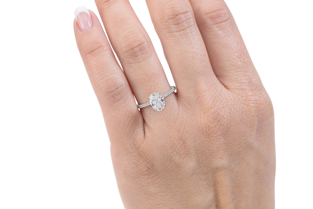 Premium Certified Lab-Grown Diamond, 1.74 carat TW oval and round brilliant shouldered engagement ring in 14 carat white gold