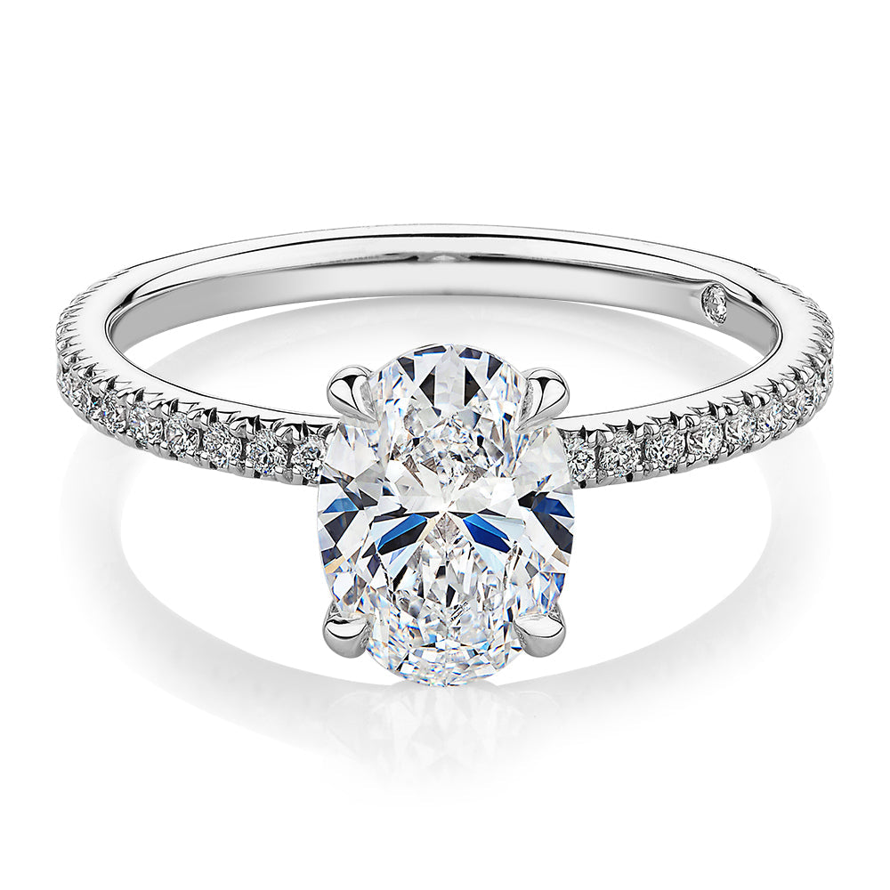 Signature Simulant Diamond 1.79 carat* TW oval cut shouldered engagement ring in 10 carat white gold