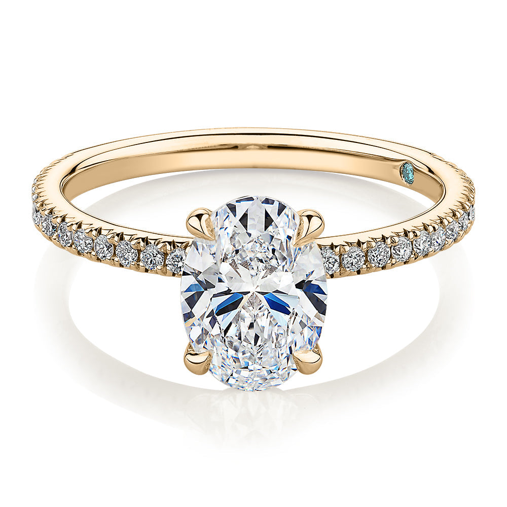 Premium Certified Laboratory Created Diamond, 1.74 carat TW oval and round brilliant shouldered engagement ring in 18 carat yellow gold