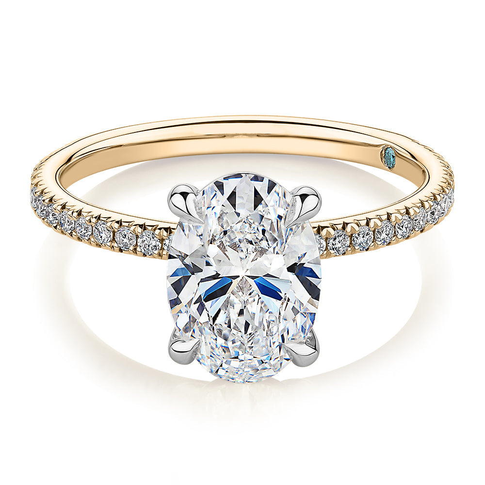 Premium Certified Laboratory Created Diamond, 2.24 carat TW oval and round brilliant shouldered engagement ring in 18 carat yellow and white gold