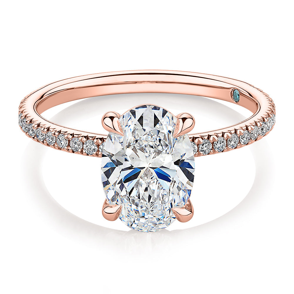 Premium Certified Laboratory Created Diamond, 2.24 carat TW oval and round brilliant shouldered engagement ring in 18 carat rose gold