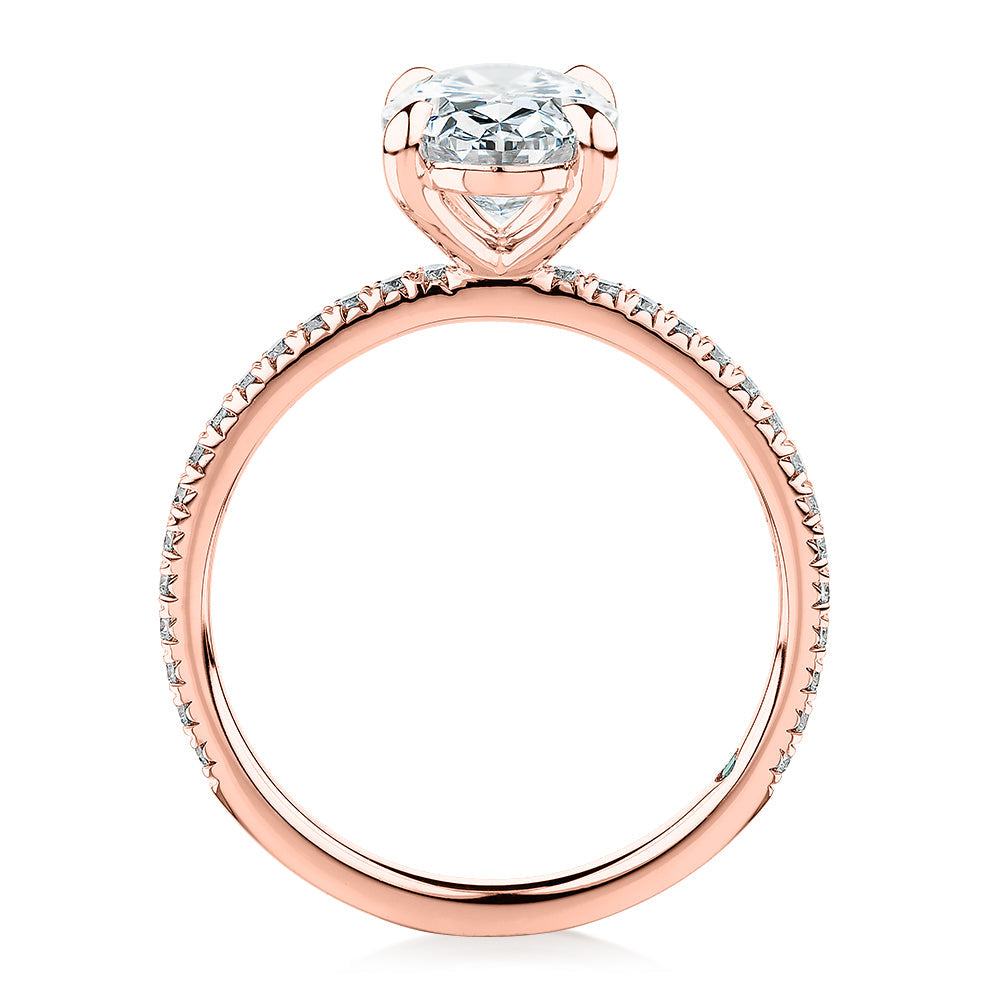 Premium Certified Laboratory Created Diamond, 2.24 carat TW oval and round brilliant shouldered engagement ring in 18 carat rose gold