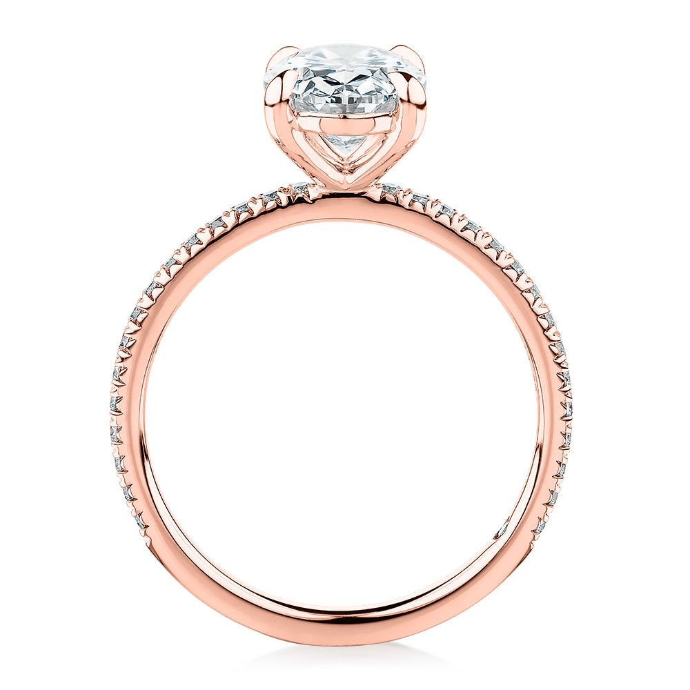 Signature Simulant Diamond 2.19 carat* TW oval cut shouldered engagement ring in 10 carat rose gold