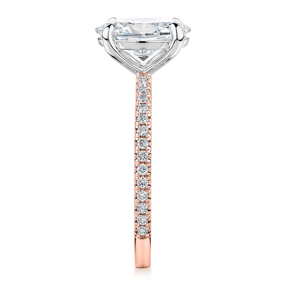 Premium Certified Lab-Grown Diamond 2.19 carat TW oval cut shouldered engagement ring in 14 carat rose and white gold