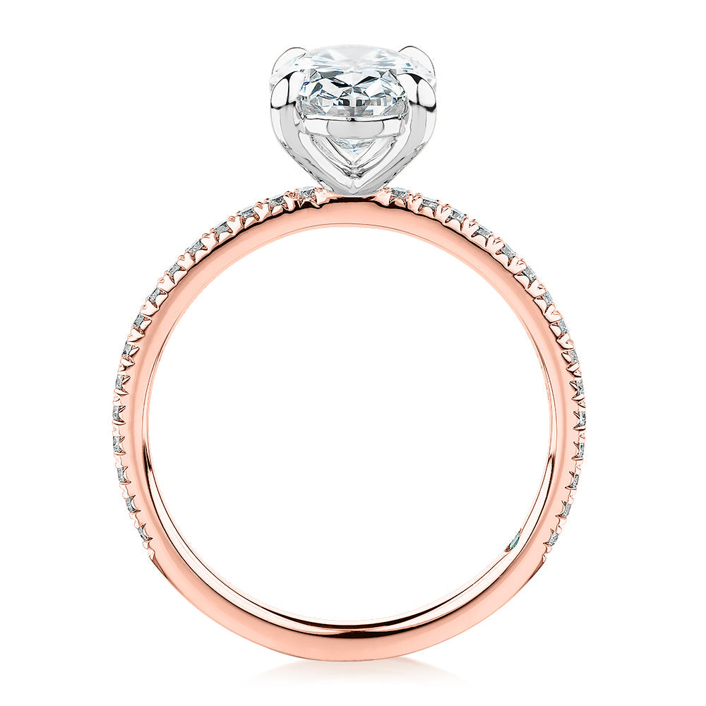 Premium Certified Laboratory Created Diamond, 2.24 carat TW oval and round brilliant shouldered engagement ring in 18 carat rose and white gold