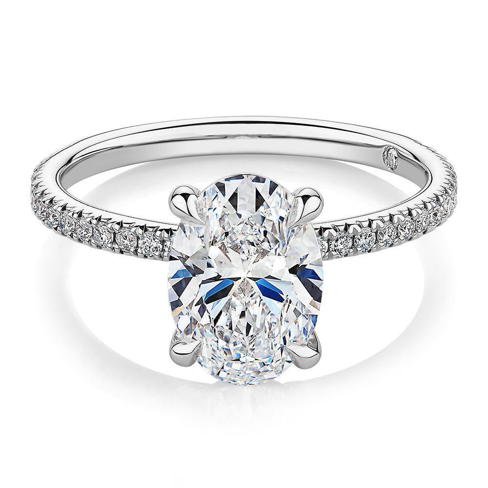 Signature Simulant Diamond 2.19 carat* TW oval cut shouldered engagement ring in 10 carat white gold