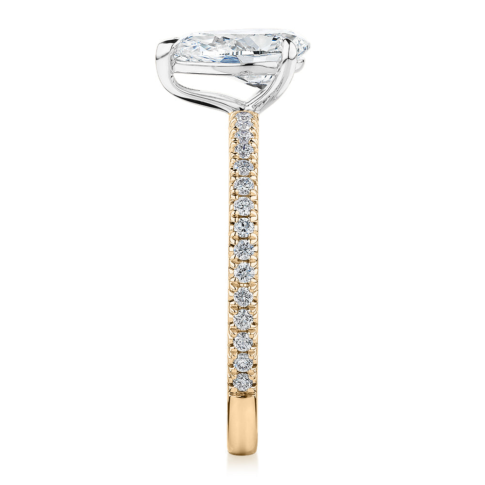 Premium Certified Lab-Grown Diamond, 1.24 carat TW pear and round brilliant shouldered engagement ring in 14 carat yellow and white gold