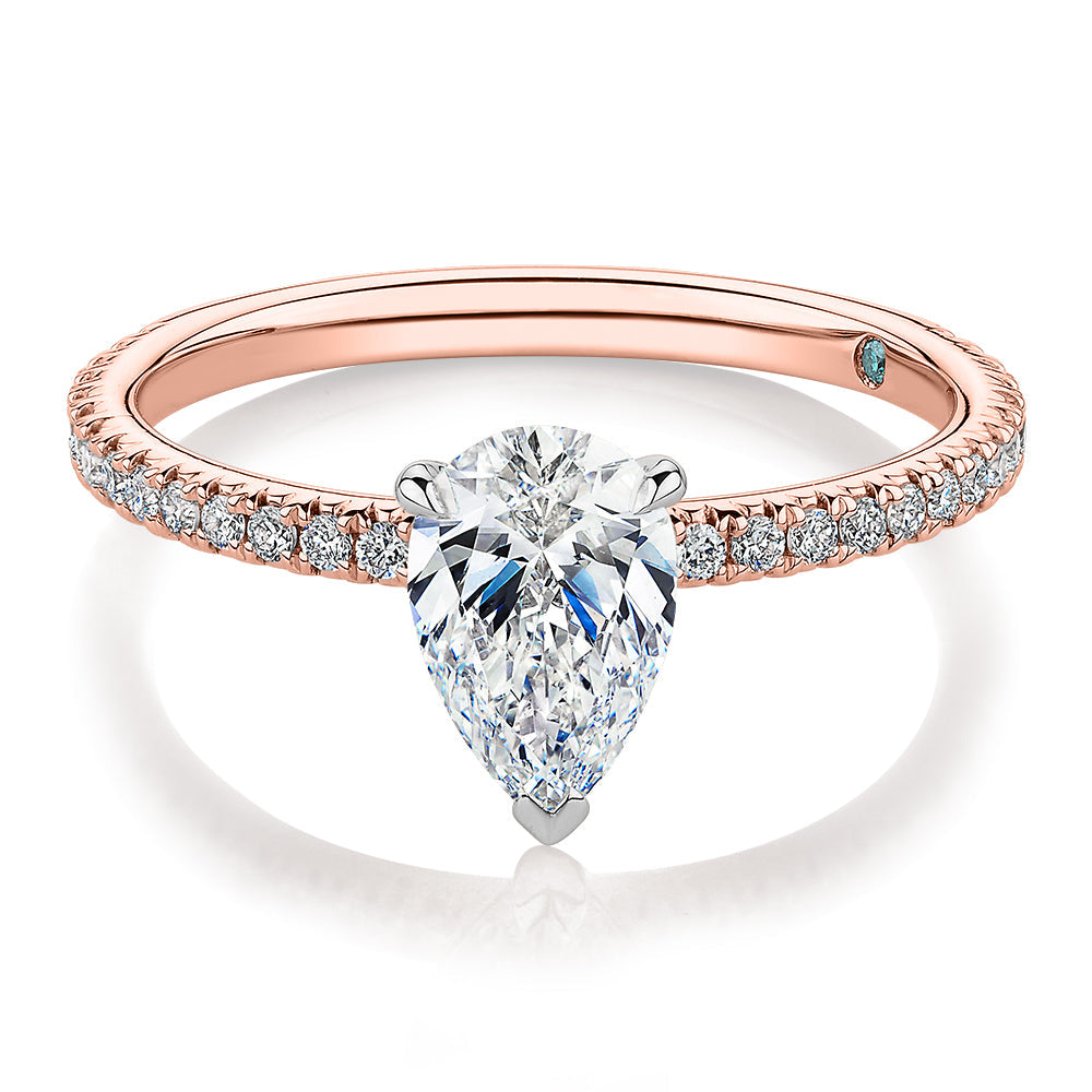 Premium Certified Lab-Grown Diamond, 1.24 carat TW pear and round brilliant shouldered engagement ring in 14 carat rose and white gold