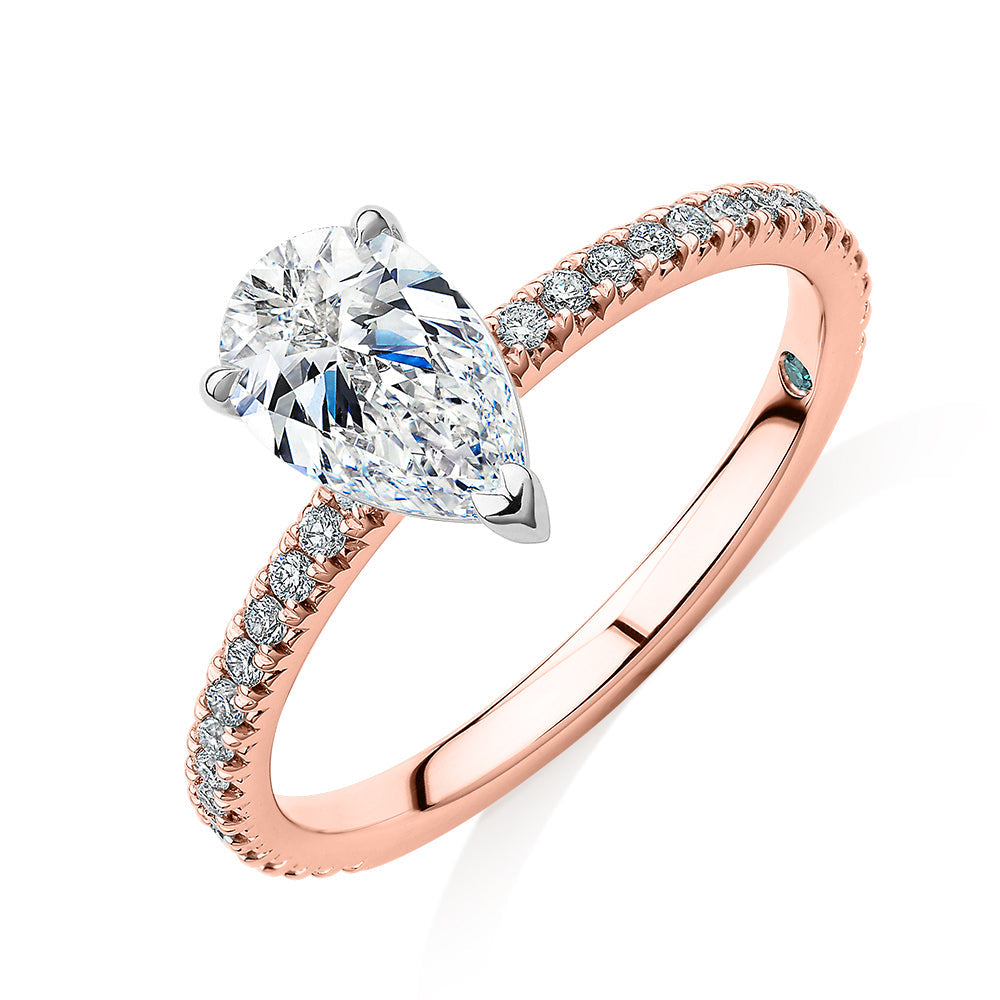 Premium Certified Lab-Grown Diamond, 1.24 carat TW pear and round brilliant shouldered engagement ring in 14 carat rose and white gold
