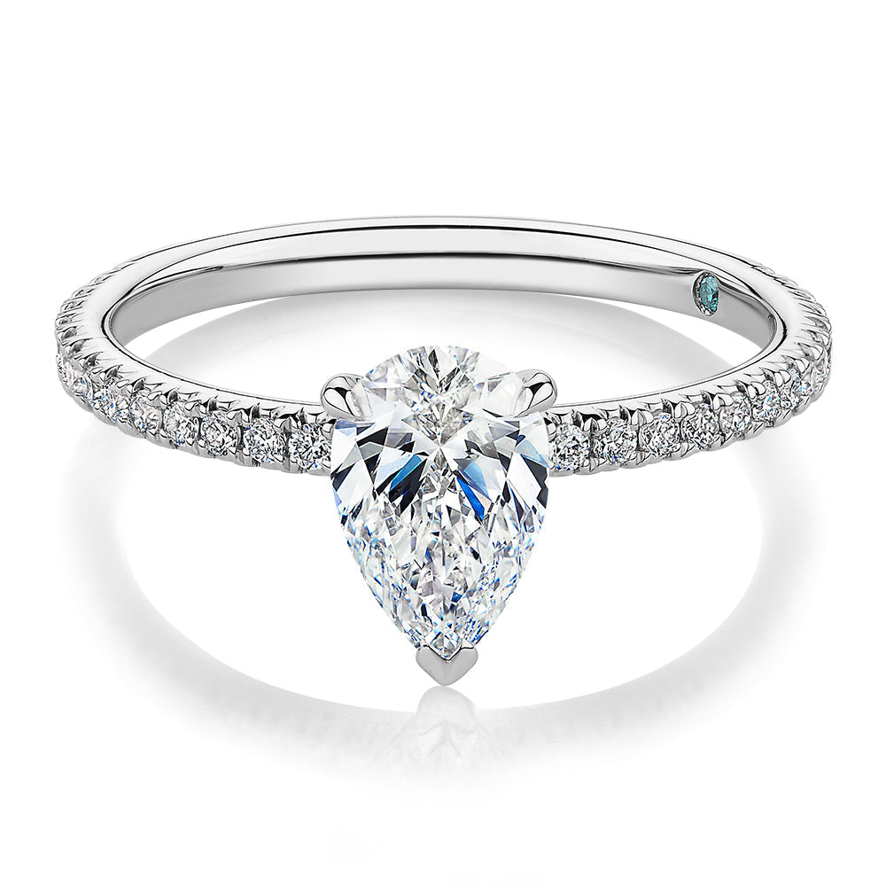 Premium Certified Lab-Grown Diamond, 1.24 carat TW pear and round brilliant shouldered engagement ring in 18 carat white gold