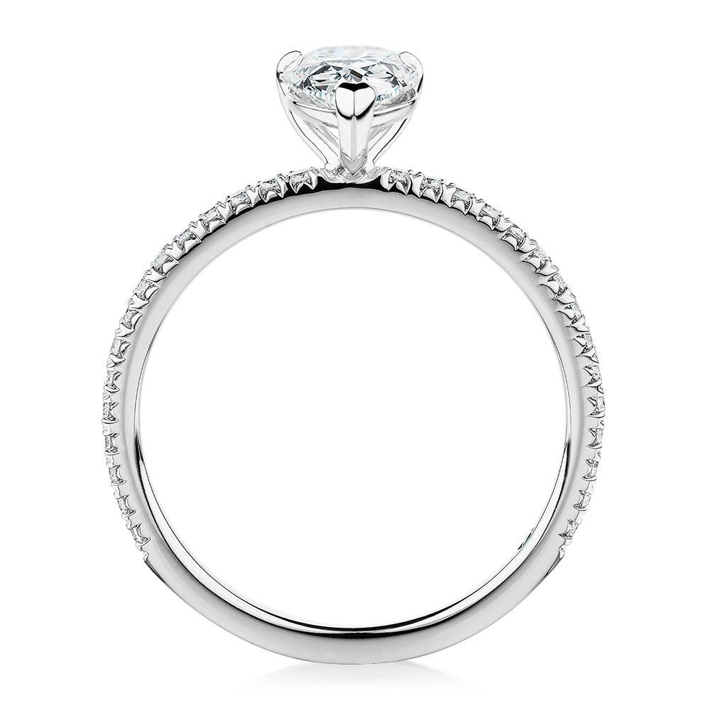 Premium Certified Lab-Grown Diamond, 1.24 carat TW pear and round brilliant shouldered engagement ring in 18 carat white gold