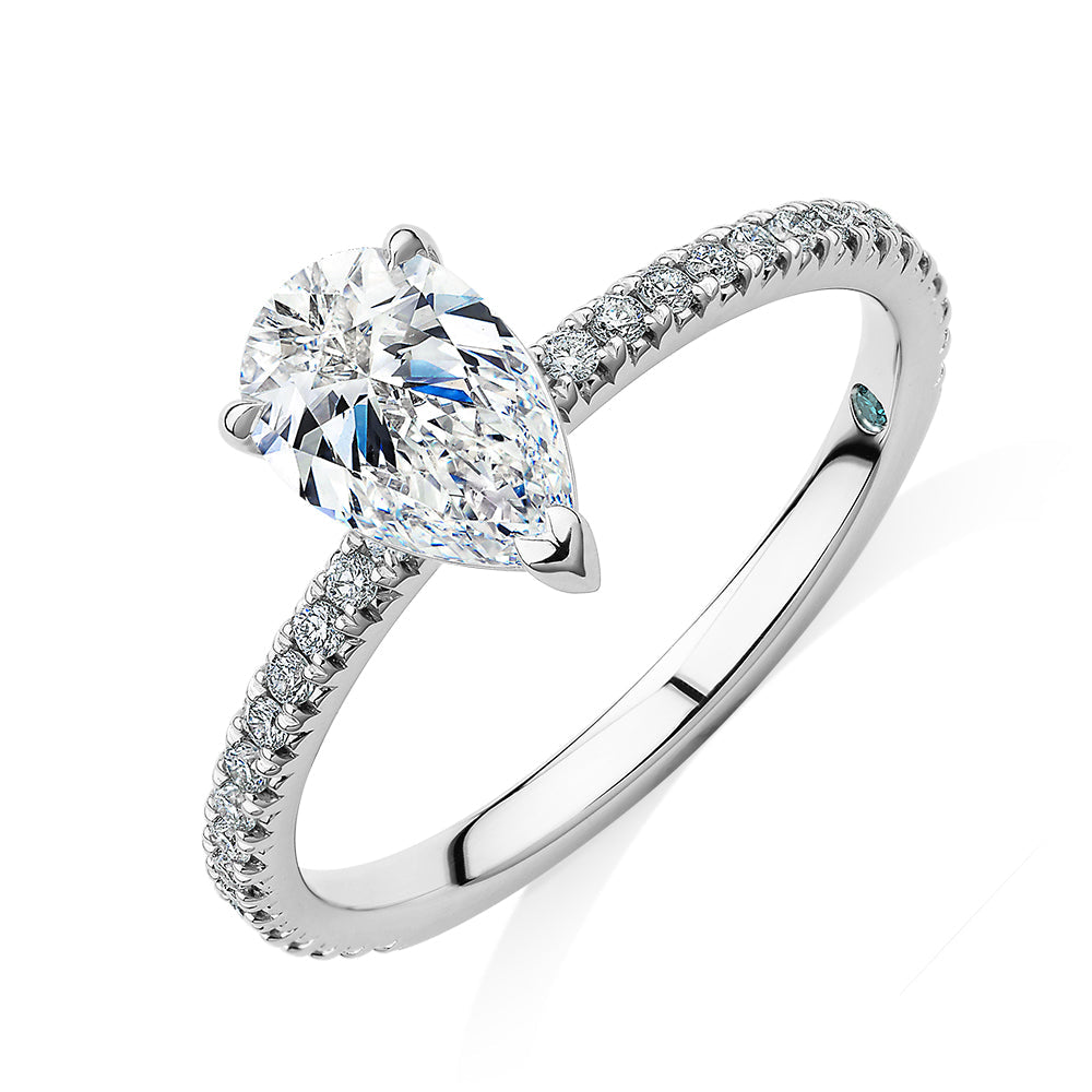 Premium Certified Lab-Grown Diamond, 1.24 carat TW pear and round brilliant shouldered engagement ring in 18 carat white gold