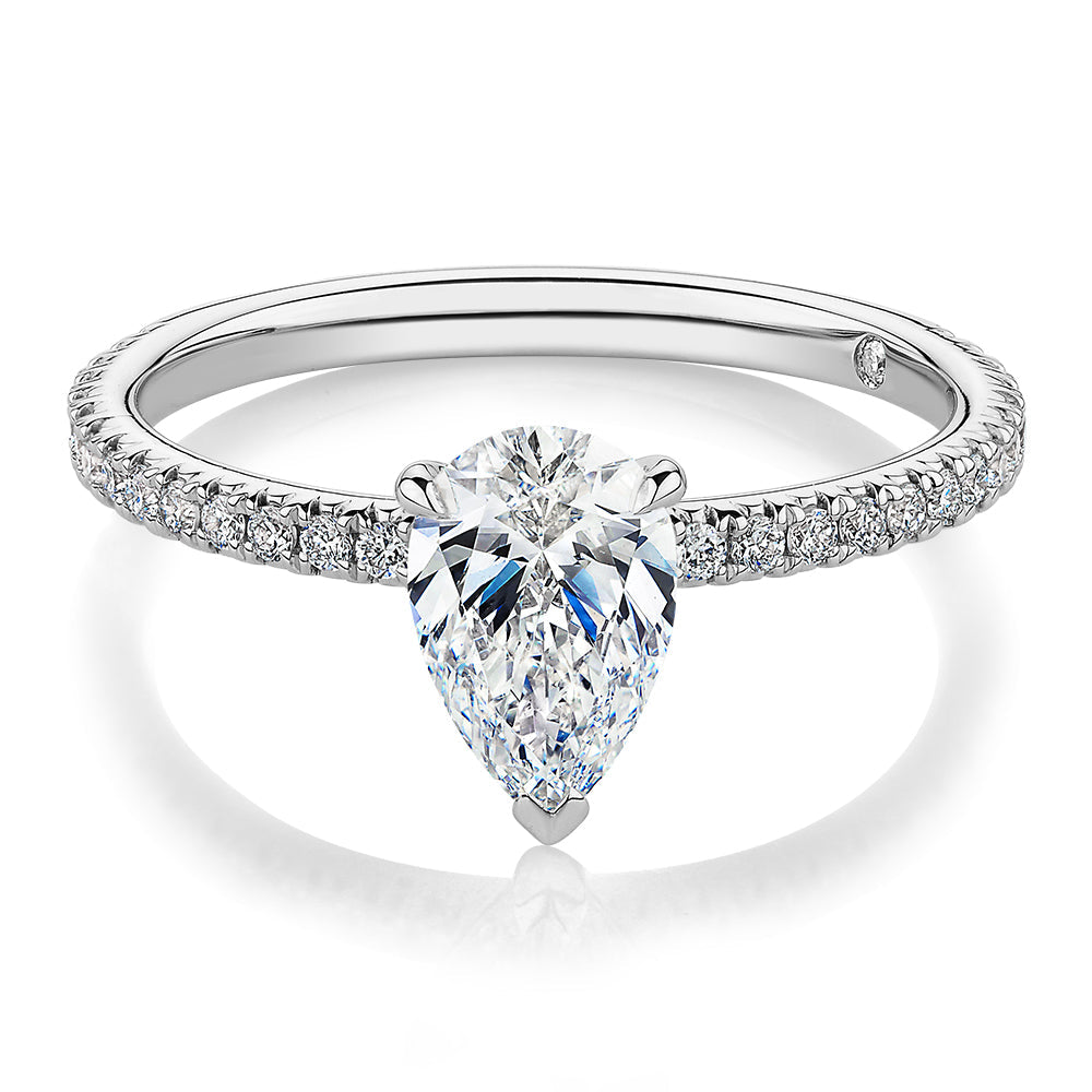 Signature Simulant Diamond 1.24 carat* TW pear and round brilliant shouldered engagement ring in 10 carat white gold