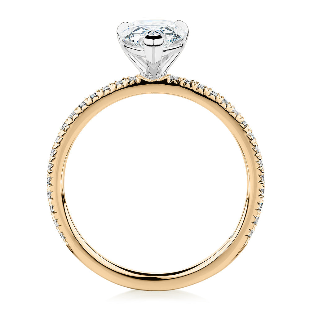 Signature Simulant Diamond 1.74 carat* TW pear and round brilliant shouldered engagement ring in 10 carat yellow and white gold