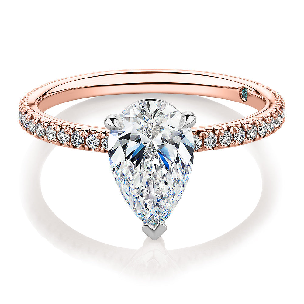 Premium Certified Laboratory Created Diamond, 1.74 carat TW pear and round brilliant shouldered engagement ring in 18 carat rose and white gold