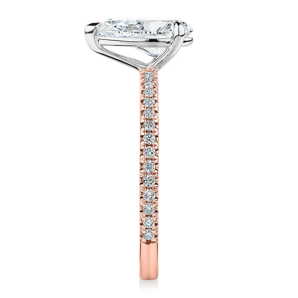 Premium Certified Laboratory Created Diamond, 1.74 carat TW pear and round brilliant shouldered engagement ring in 18 carat rose and white gold