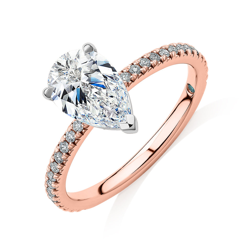 Premium Certified Laboratory Created Diamond, 1.74 carat TW pear and round brilliant shouldered engagement ring in 18 carat rose and white gold