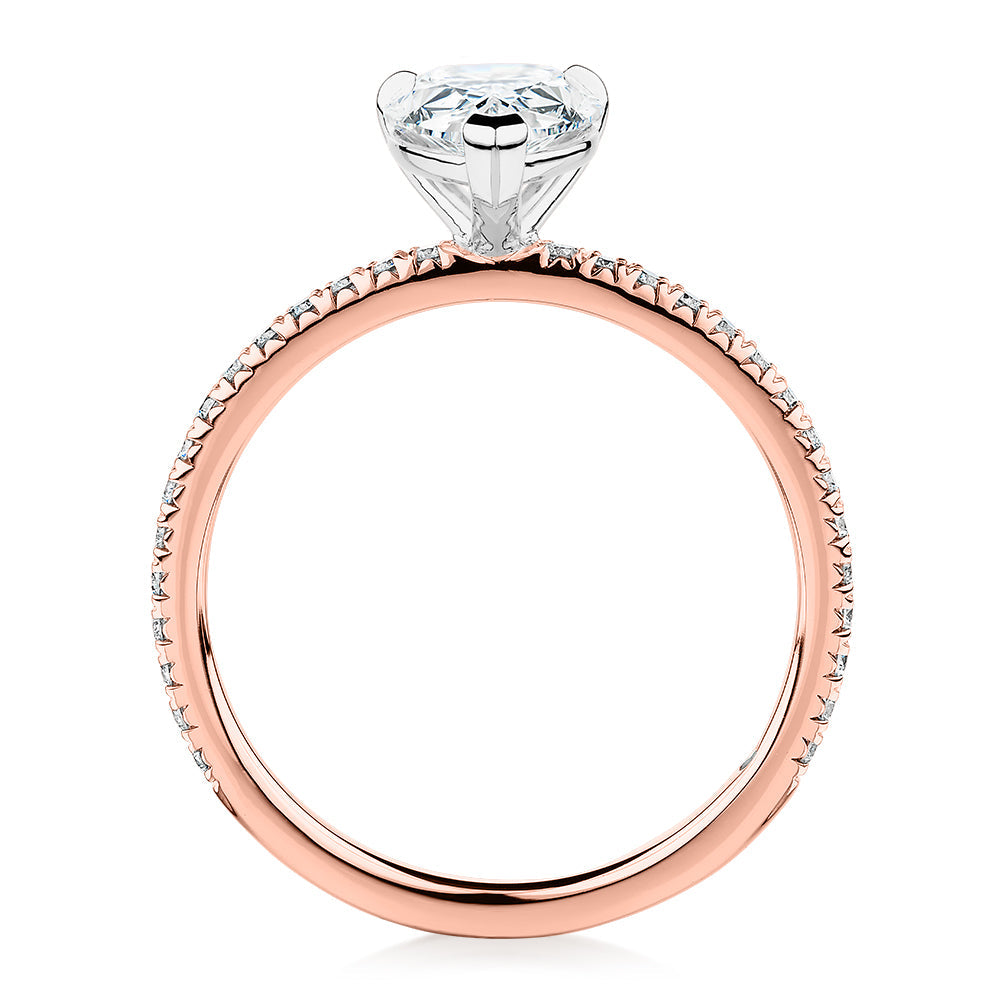 Signature Simulant Diamond 1.74 carat* TW pear and round brilliant shouldered engagement ring in 10 carat rose and white gold