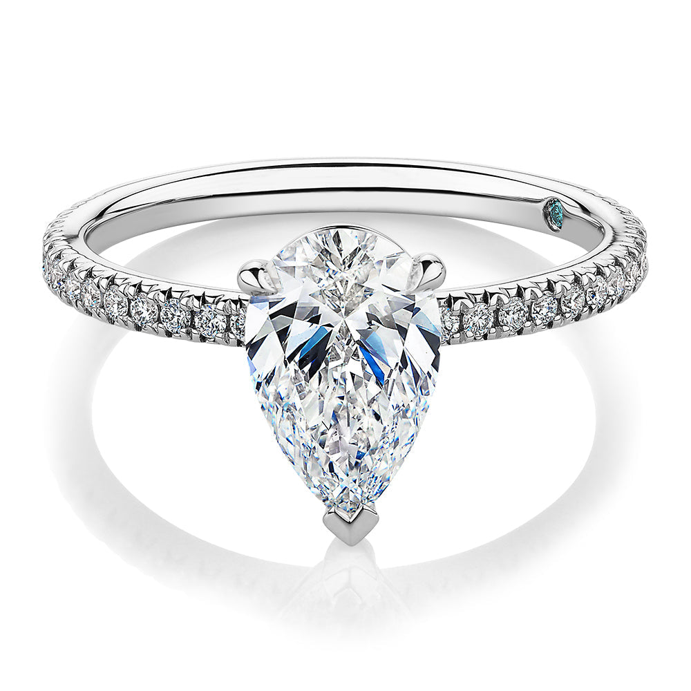 Premium Certified Lab-Grown Diamond, 1.74 carat TW pear and round brilliant shouldered engagement ring in 14 carat white gold