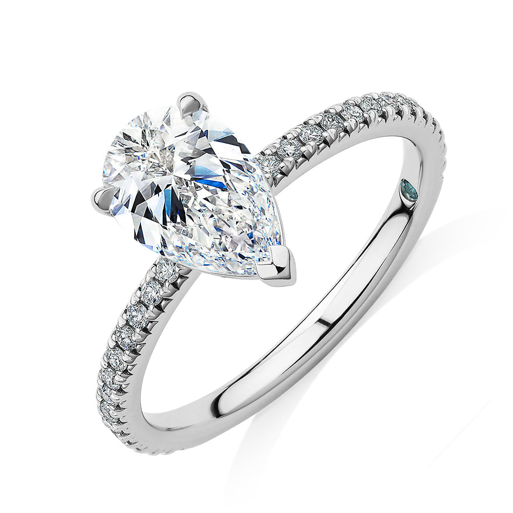 Premium Certified Lab-Grown Diamond, 1.74 carat TW pear and round brilliant shouldered engagement ring in 14 carat white gold