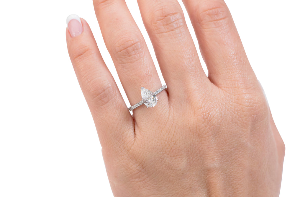 Premium Certified Lab-Grown Diamond, 1.74 carat TW pear and round brilliant shouldered engagement ring in 14 carat white gold